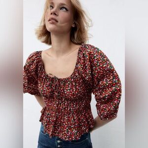 Zara Floral Poplin Cropped Blouse